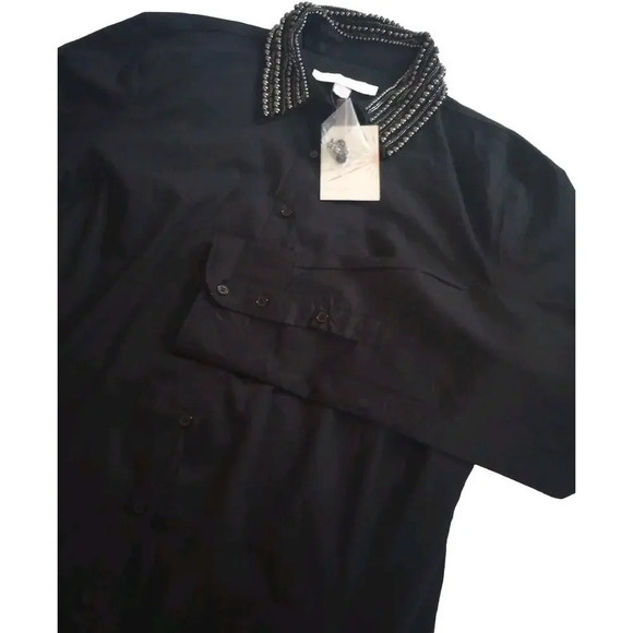 Boston Proper Button Up Blouse SZ 14 New Black Stretch Beaded Collar Long Sleeve - Picture 2 of 8